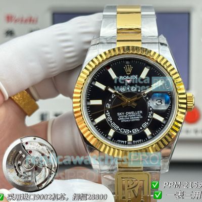 PPM Swiss Clone Rolex Sky-Dweller Two-Tone Gold Black Dial Gain Weight Watch 